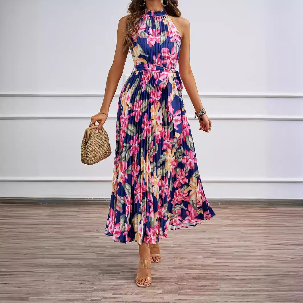 Summer New Elegant Halter Neck WaistCinching Flared Printed Dress for Women