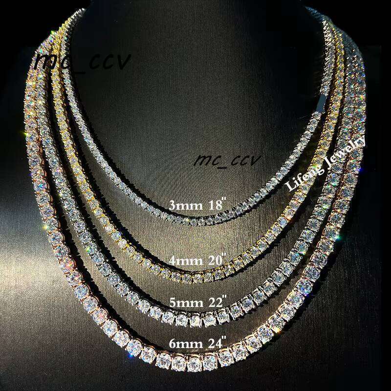 Pass The Dia Test VVS Moissanite 3mm 4mm Wide Sterling Sier Tennis Chain Hip Hop Jewelry Necklace For Men And Women