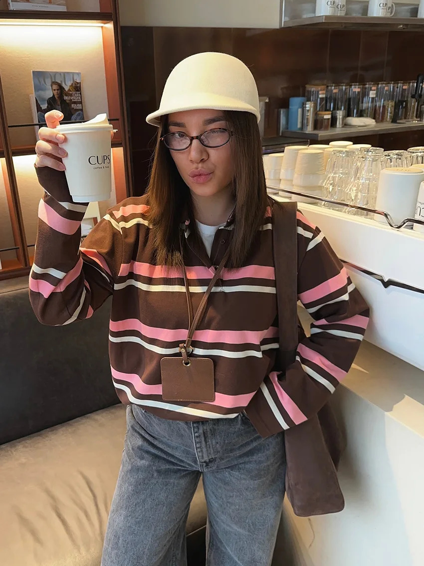 Striped Tshirts Women Casual Polo Collar Long Sleeve Loose Pullovers Female Autumn Chic Street Shirts Tops Clothes 250905