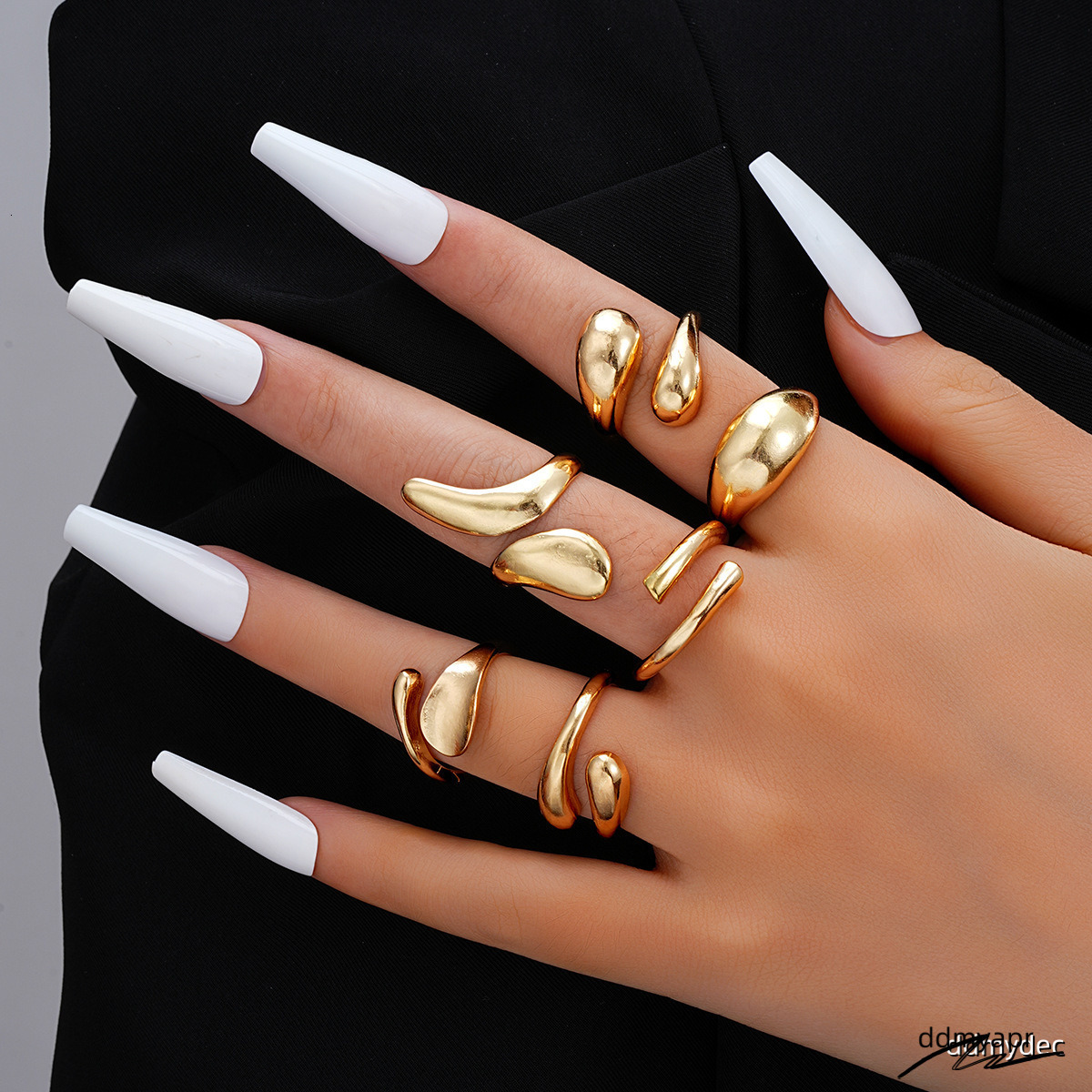 Explosive Irregular Droplet Niche Metal Texture Smooth Exaggerated Geometric Opening Ring, 6-Piece ddmydec Set ddmydec