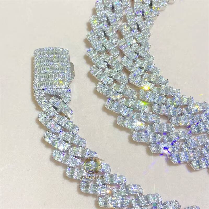 Iced Out Men Fashion Bling Jewelry Rapper Chain 18mm Vvs Moissanite baguette Diamond Cuban Chain