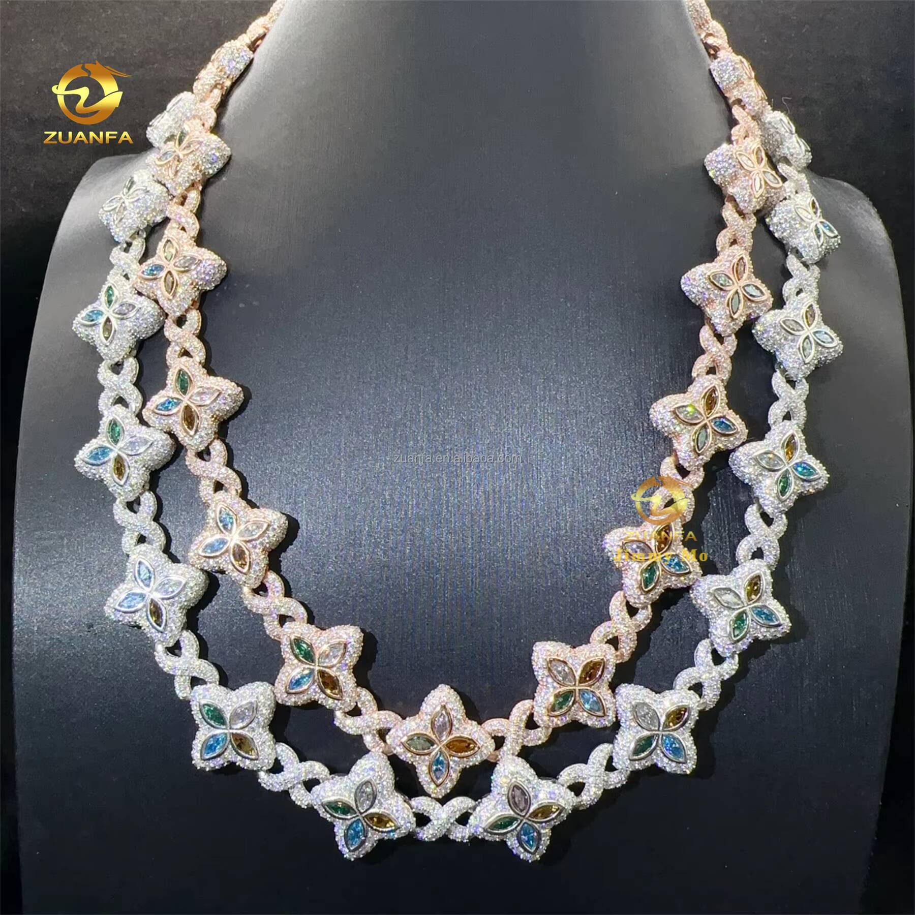 New Luxury Man Rapper Style Jewelry Iced Out Hip Hop VVS1 Fancy Moissanite Diamond Four Flowers Infinity Miami Cuban Link