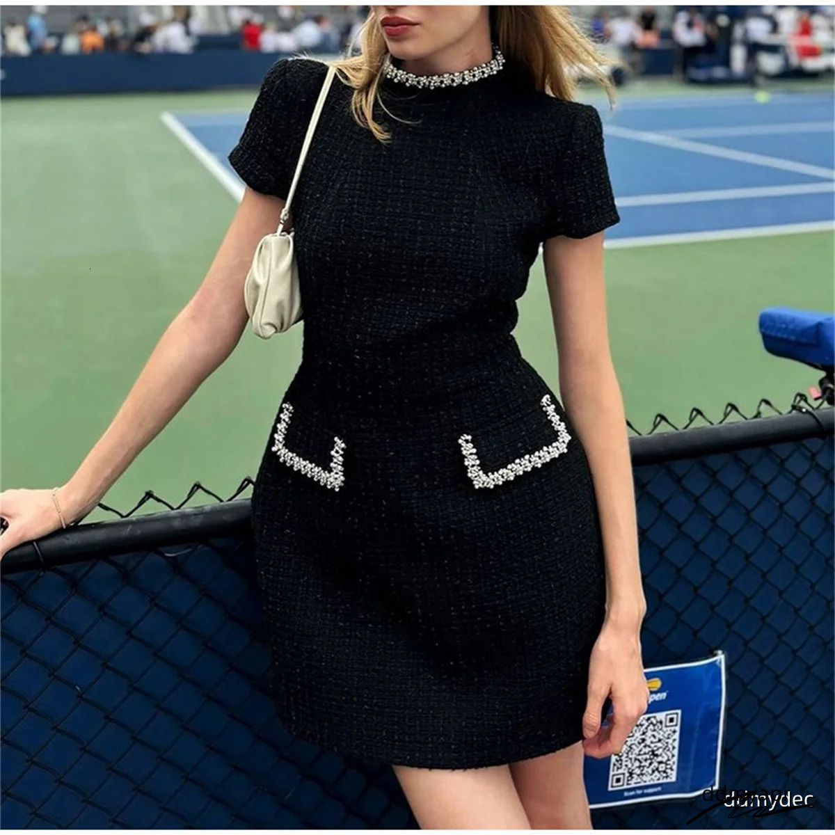 Elegant Lace A-Line Vestidos Womens Solid Slim Shoulder Pad Short Sleeved Party O-Neck Patch Work Evening Dress 241125 Ddmydec Ddmydec Ddmydec