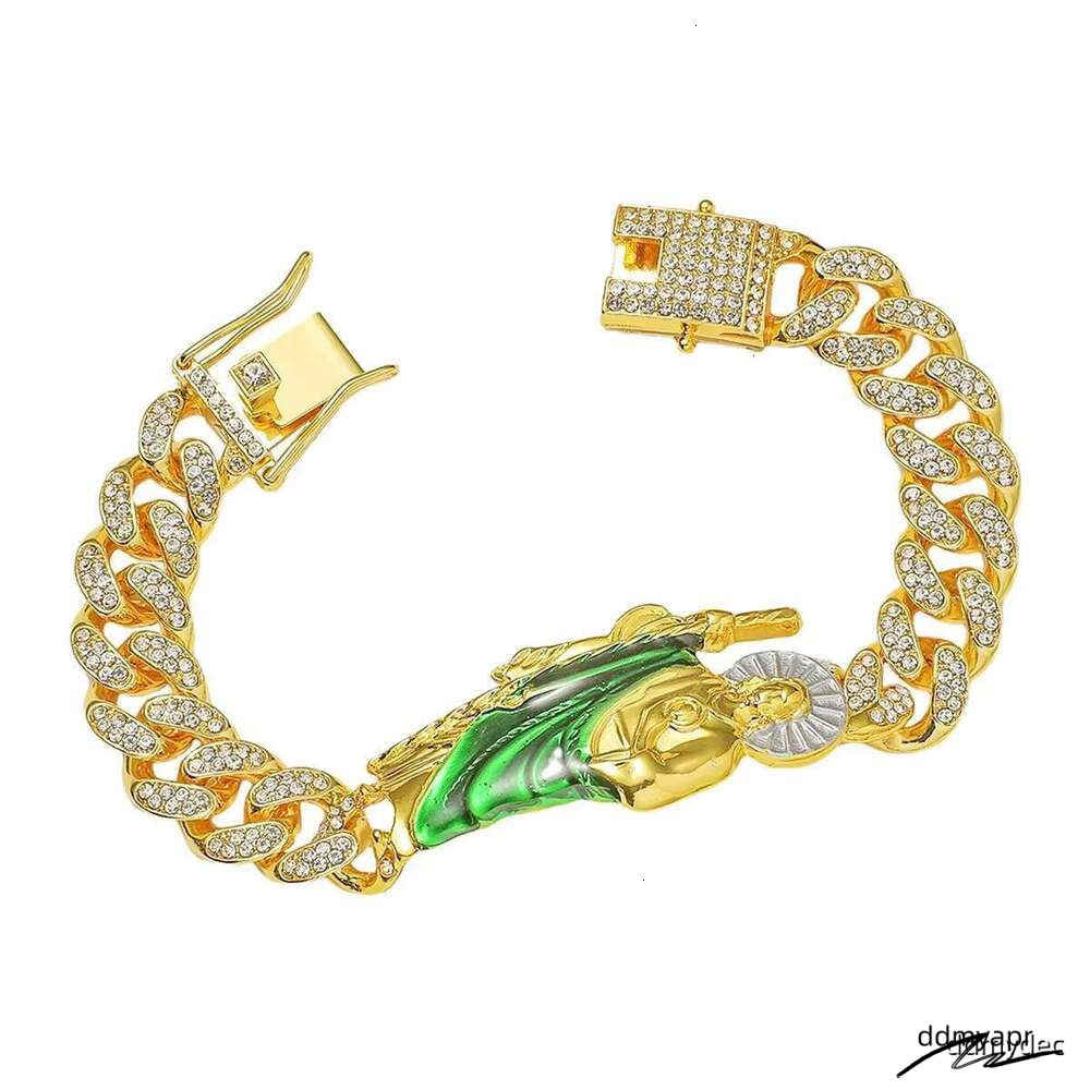 Hip Hop Cuban Link Bracelet With Religious Figure Iced Out Bling Gold Color ddmydec 20Cm Alloy Chain Accessory For Men 1 Piece ddmydec