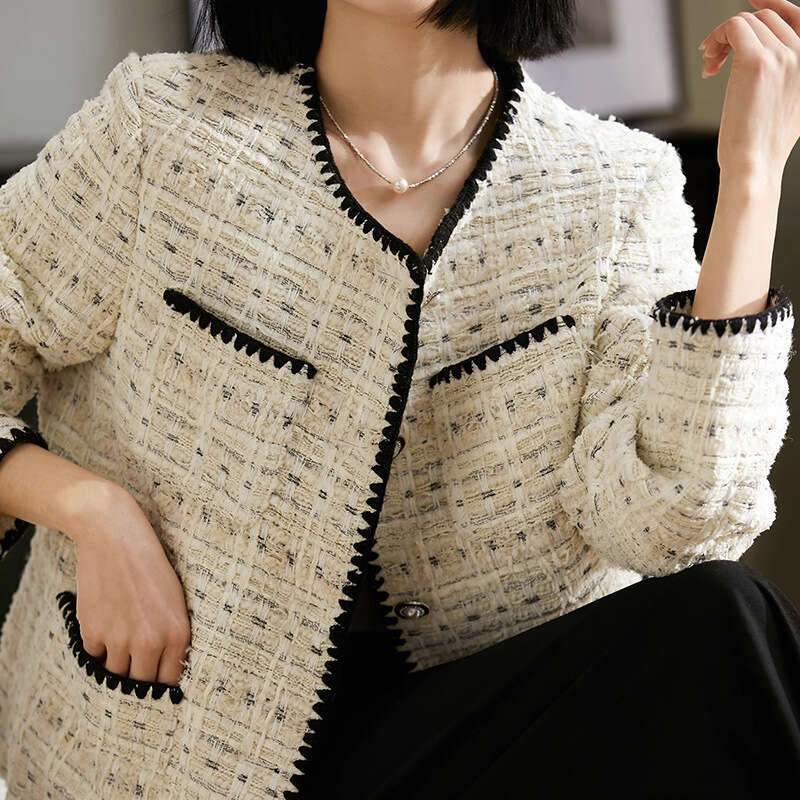 High-End Color-Block And Autumn White Tweed Short Jacket Women's Spring New Style B5