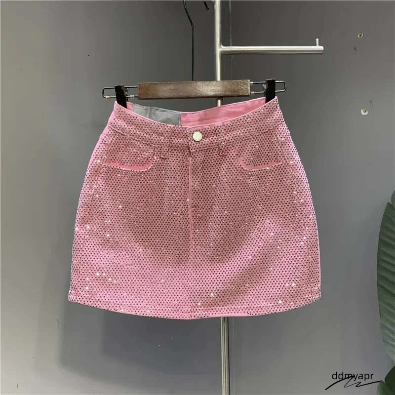 ddmyday Heavy Industry Hot Drilg High-End Denim 2024 Spring And Summer New High Waist Pink Sexy A-Word Skirt ddmyday ddmyday ddmyday