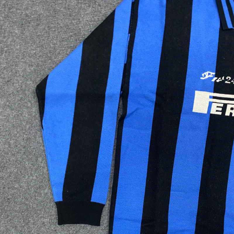 Double tone polo collar sweater with ed letters vintage pullover for men loose striped top winter 250905