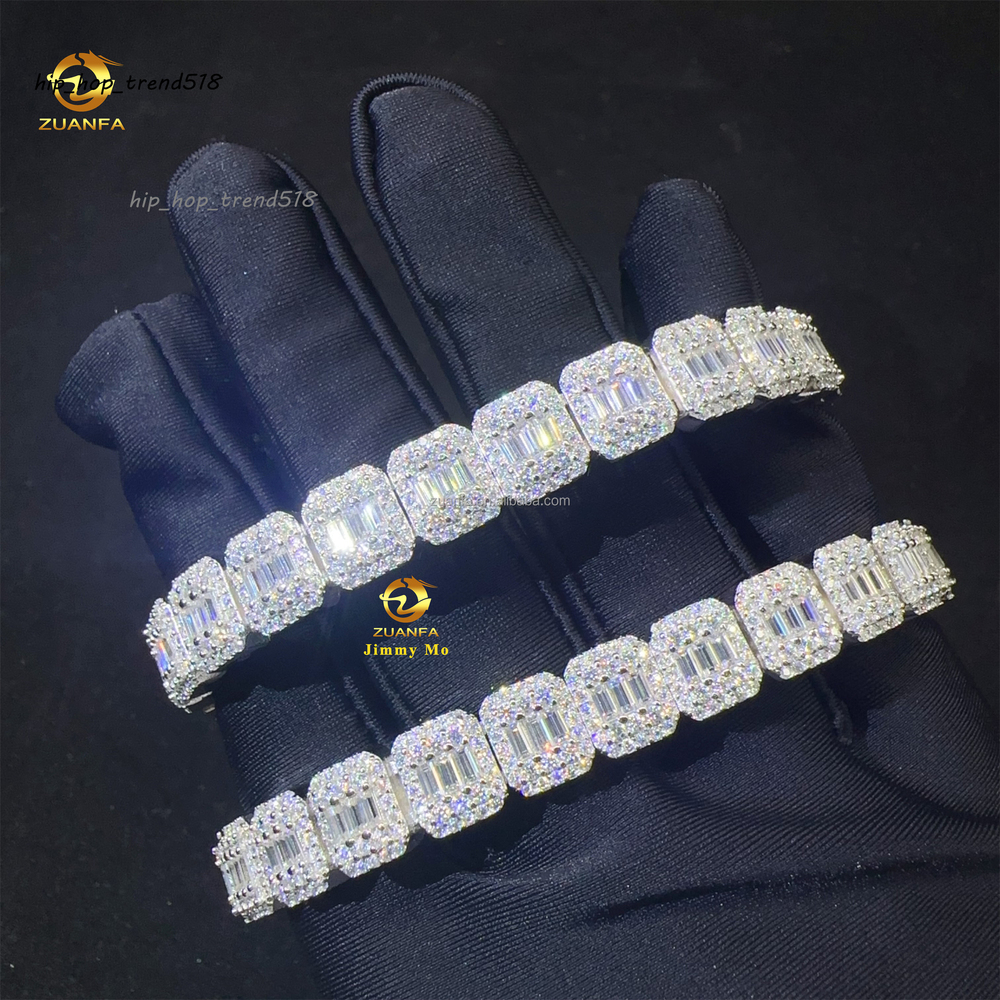 Hot Selling Fashion 9MM Luxury 925 Sterling Silver Iced Out Hip Hop Jewelry Moissanite Baguette Cluster Tennis Chain Bracelet
