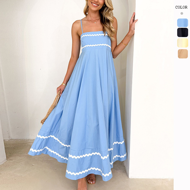 2024 Summer Strap Low Square Neck Layered Flowy Beach Vacation Party Long Dress