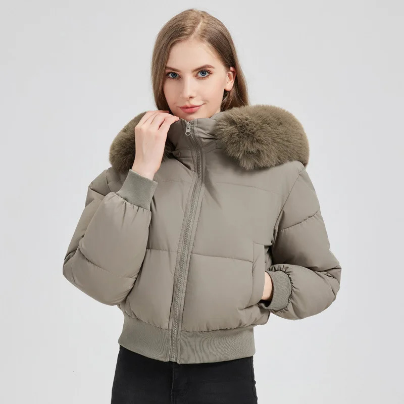 2025 Thick Short Womens Winter Jacket Parkas Down Cotton Casual Warm Fur Hooded Cropped Outwear 250905