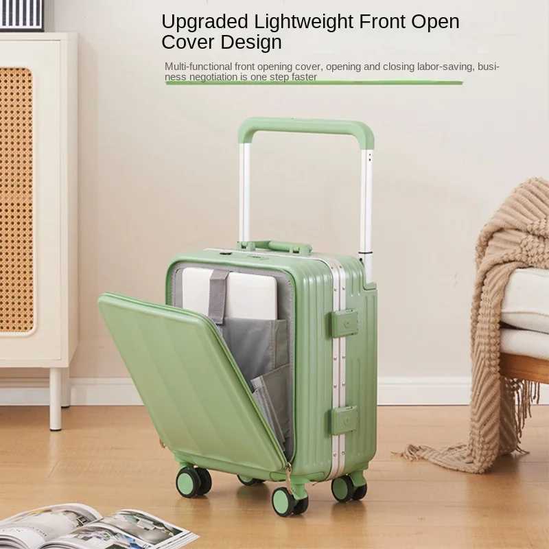 Frontopening Luggage Case 1820 inches Small Lightweight Carryon Suitcase Multifunctional Aluminum Frame Trolley Suitcase Z250905