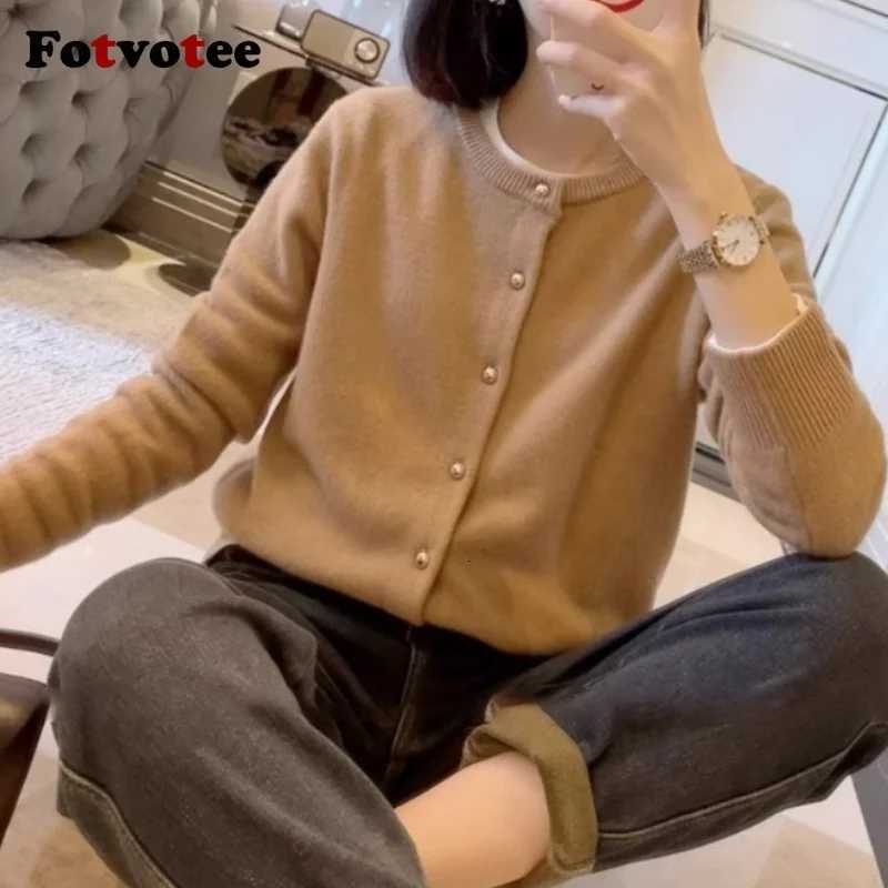 FOTVOTEE Solid Simple Women Cardigan Casual Loose Long Sleeve O Neck Single Breasted Knitted Cardigans 2025 New Fashion Sweater Z250905