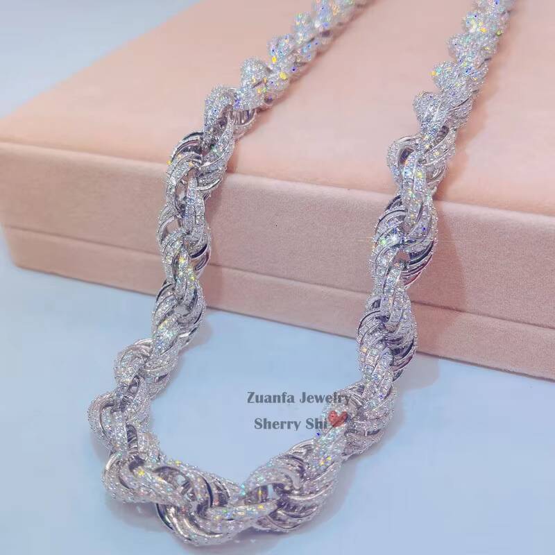 Drop Shipping Rose Gold 925 Silver 15mm Micro Pave Vvs Moissanite Diamond Rope Chain