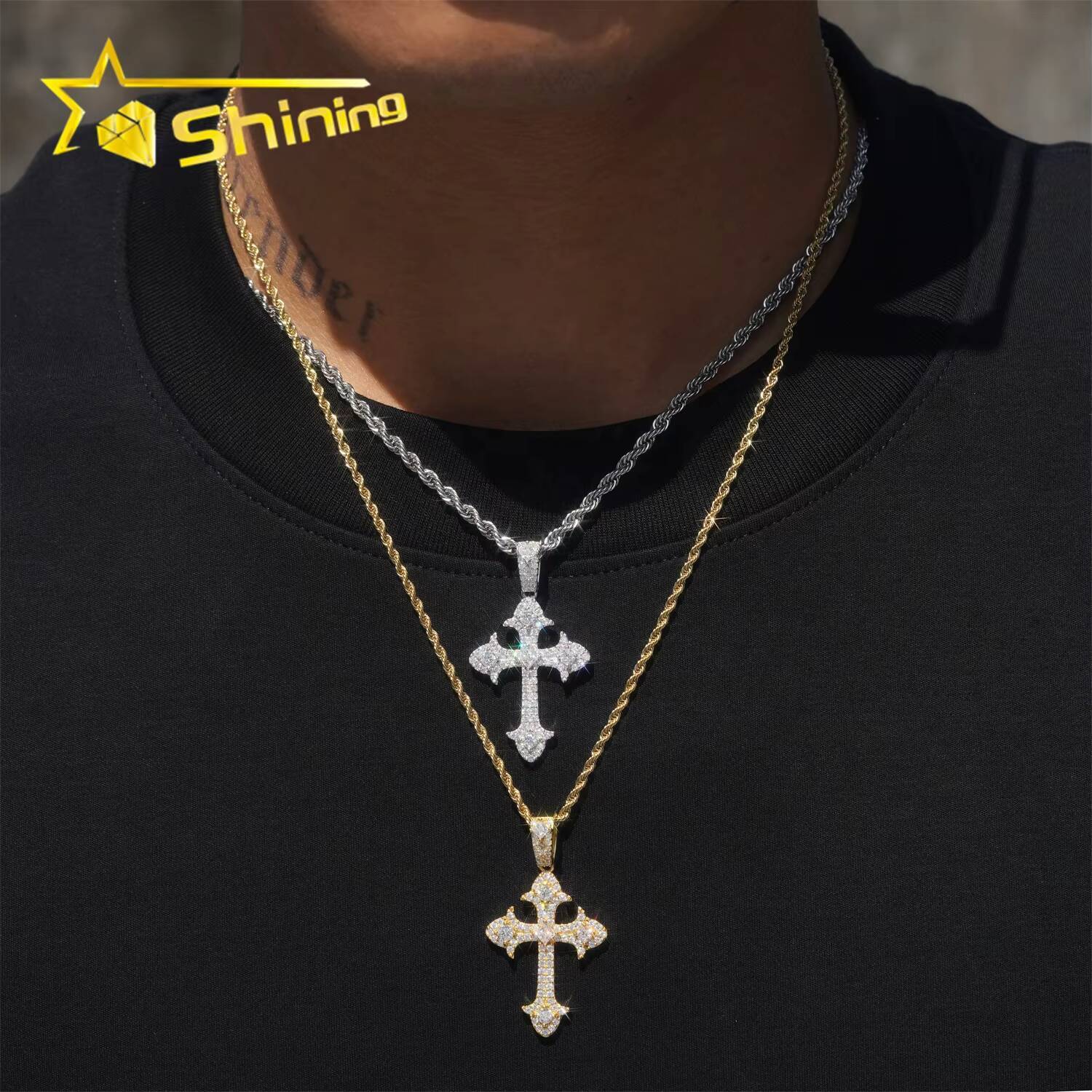 48H Fast Shipping Free Rope Chain Pass Diamond Tester Hip Hop Jewelry 925 Sterling Silver VVS Moissanite Diamond Cross Pendant