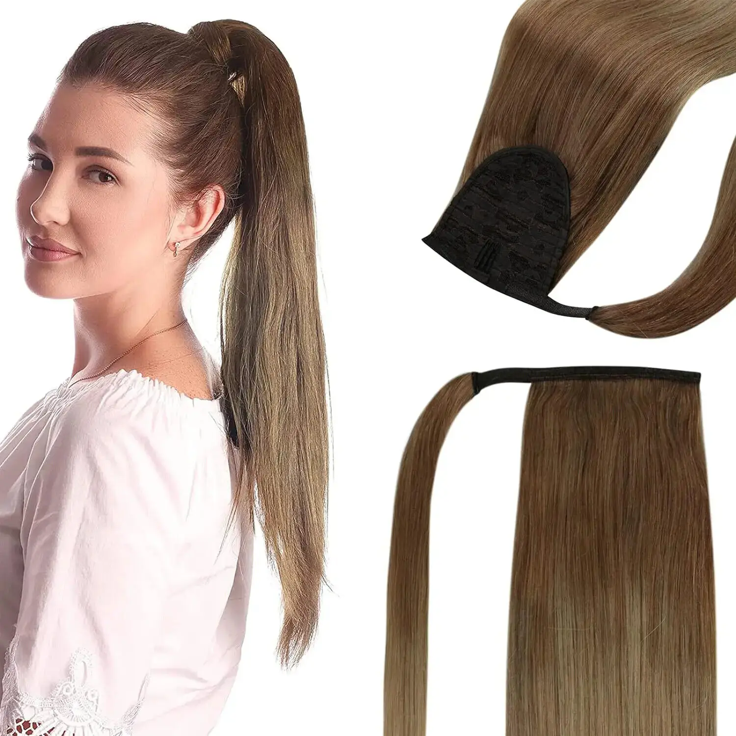Straight Ponytail Extensions Medium Brown #6 Wrap Around Pony tail With Clips Easy Install 120G Brazilian Human Hair Extensions