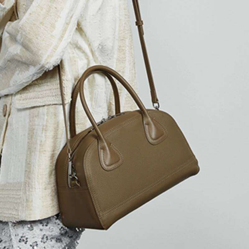 Burminsa Cowhide Genuine Leather Bowling Tote Handbags For Women 2025 Trend Designer Shell Work Ladies Shoulder Crossbody Bags