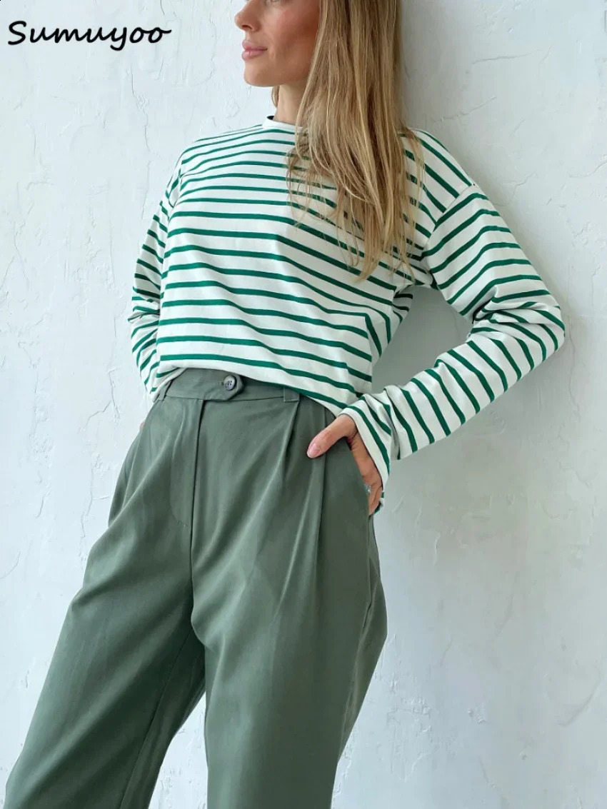 Sumuyoo Summer Long Sleeve Striped TShirts Women Basic Casual Tops Female Cozy Loose Cotton Tees Harajuku T Shirt 250905