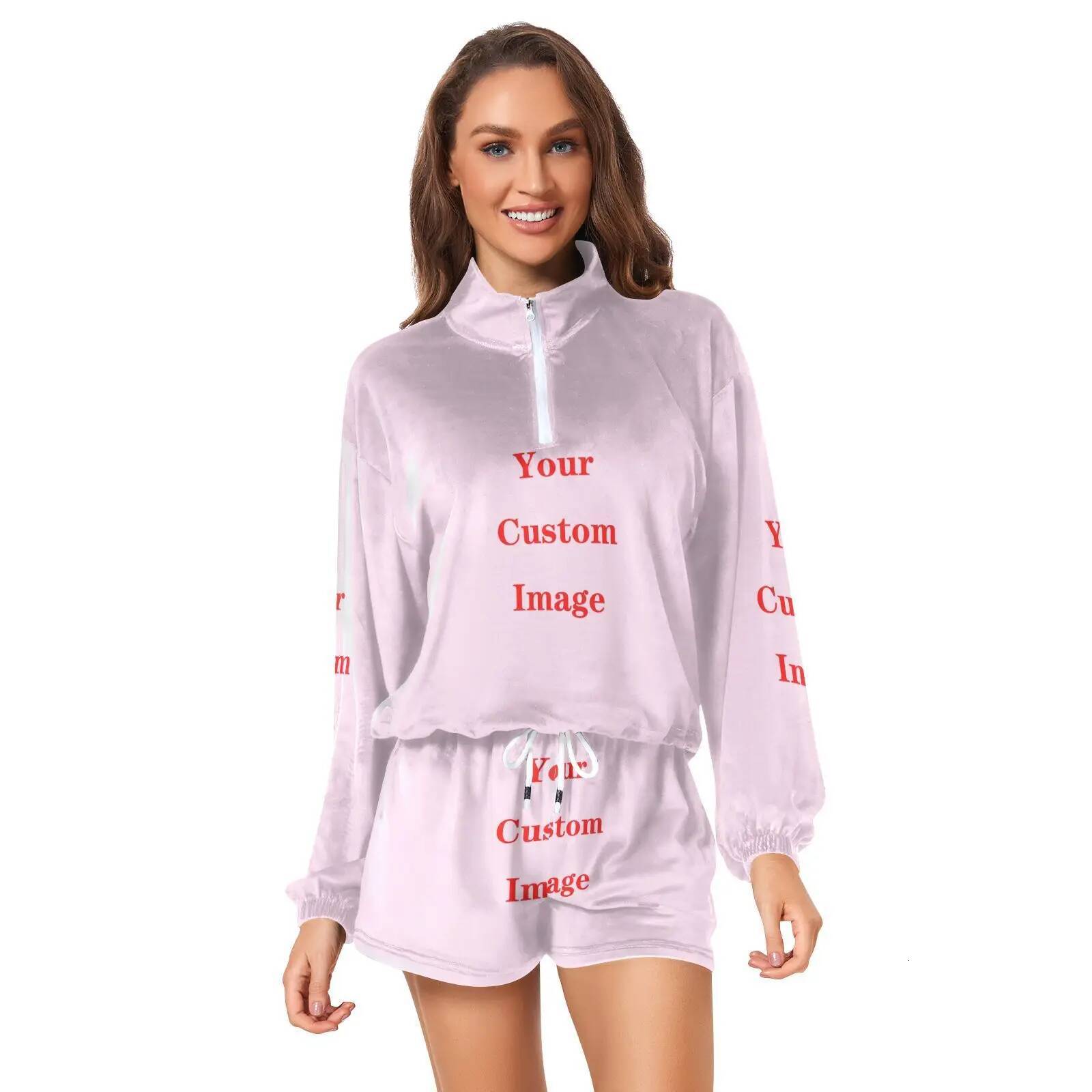 New Fashion Sporty Sweatsuits Ladies Two piece Zippered Cropped Hoodie and Shorts Suit Sportswear for Women Customized image