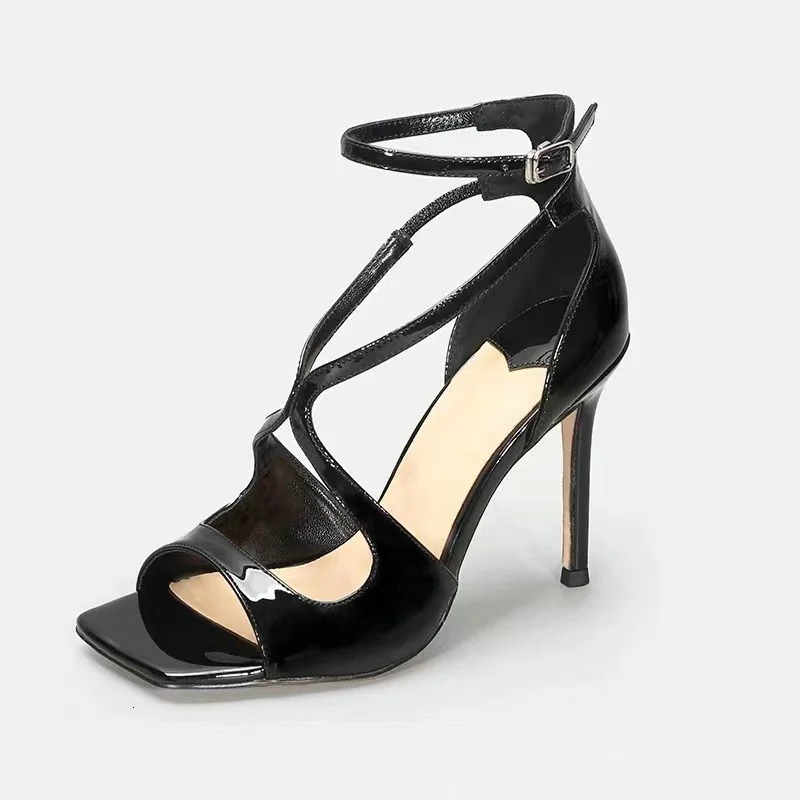 Summer Women Fish Mouth Gold Thin Heels Open Toe Sexy High A Line Buckle Square Head Sandals 250905