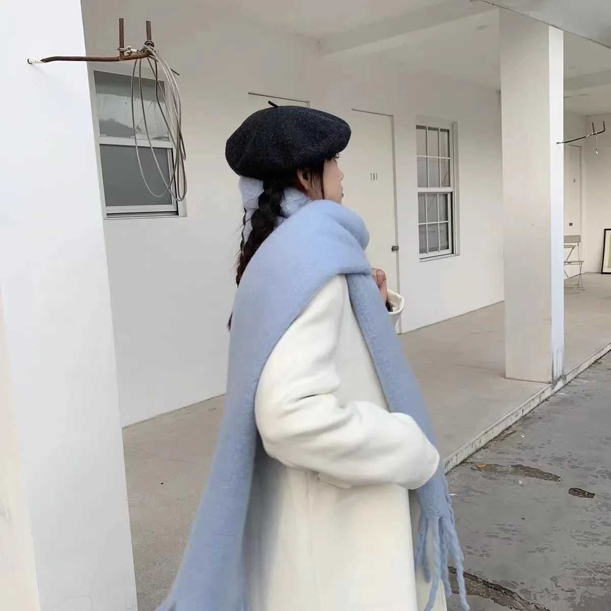 1PC Solid Color Imitation Wool Scarf Women Luxury Thick Shl Wrs Winter Warm Long Tassel Hijab Foulard Femme Scarves 23037cmXJ250905