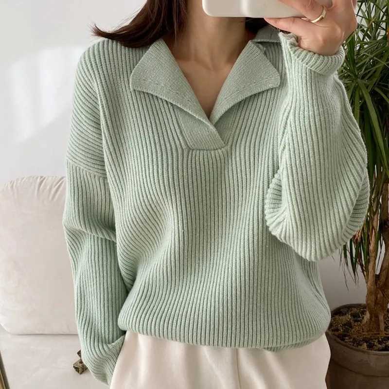 Solid Color Korean Collar Long SLeeve Womens Knitted Sweater Autumn Winter Sweet Casual Versatile Soft Loose Pullover Tops Z250905