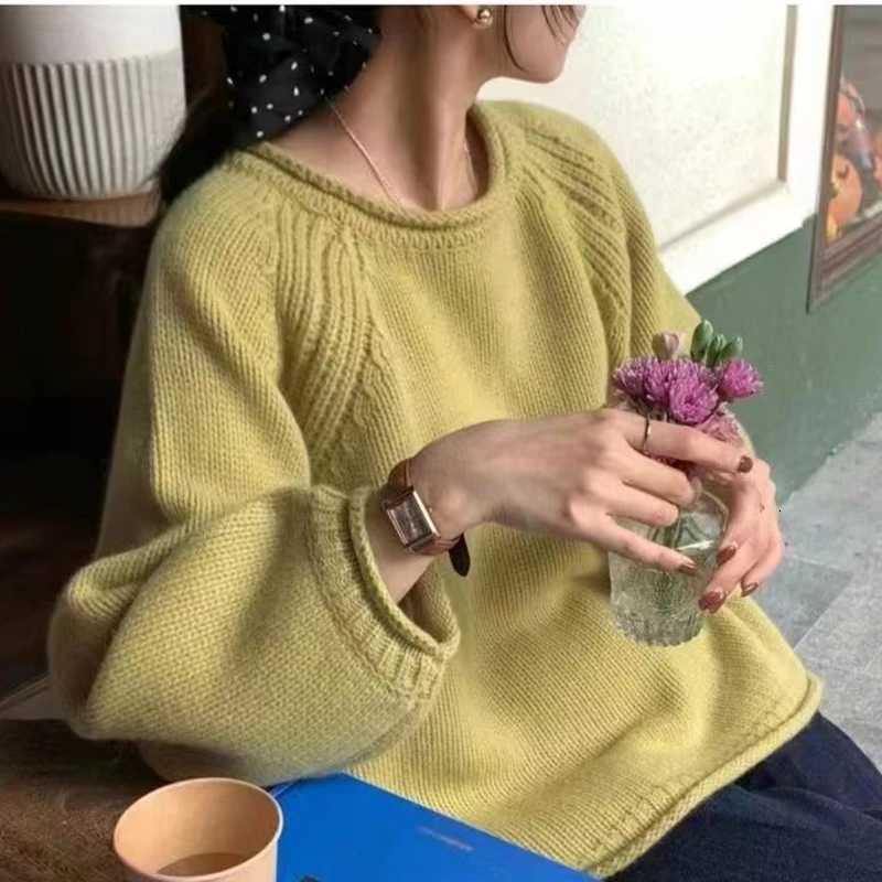 Autumnwinter New Loose Solid Color Knitted Base Top Casual Long Sleeved ONeck Sweater Sweet Lantern Sleeve Womens Sweater Z250905