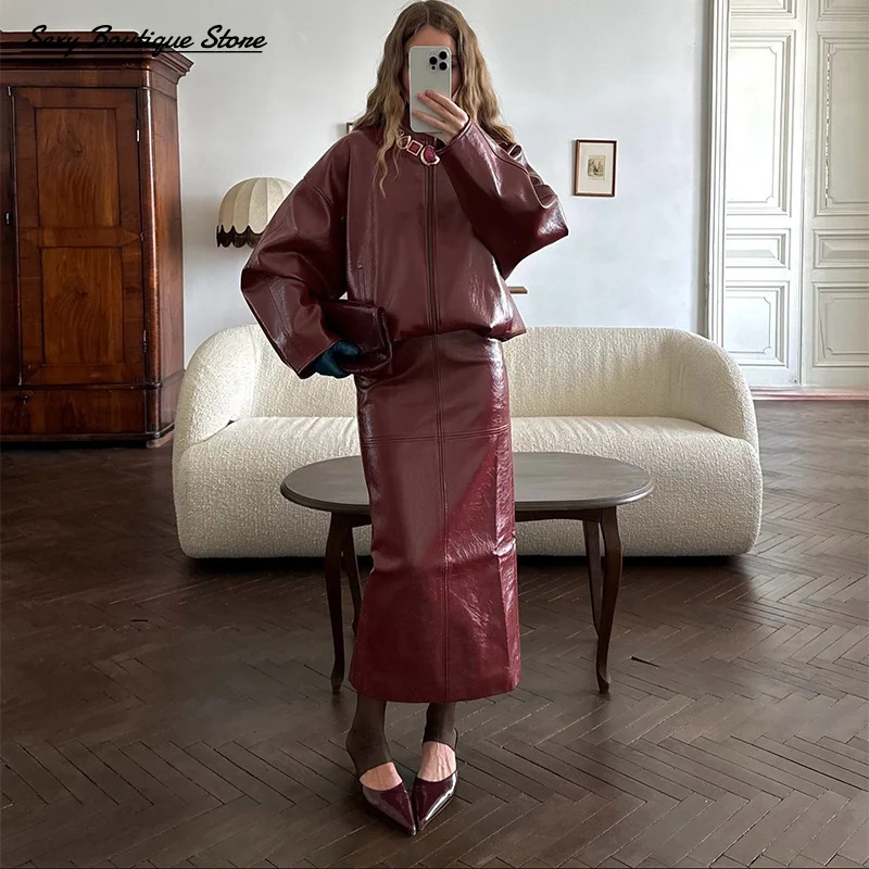 Pu Leather Jacket Skirt Sets Stand Collar Loose Coat Low Waist Solid Long Autumn Coats Lady Outfits 250905