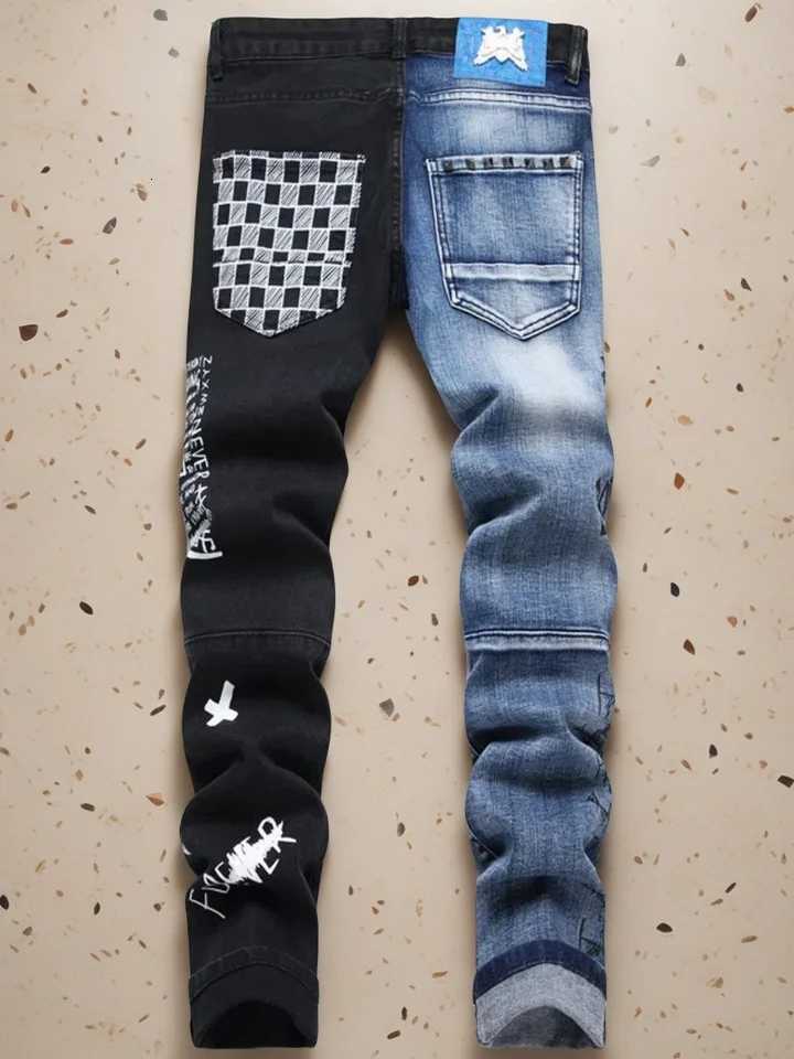 Mens Ripped Letter Print Stretch Small Feet Straight Slim Patchwork Jeans Comfortable Skinny Bike Jeans W250905