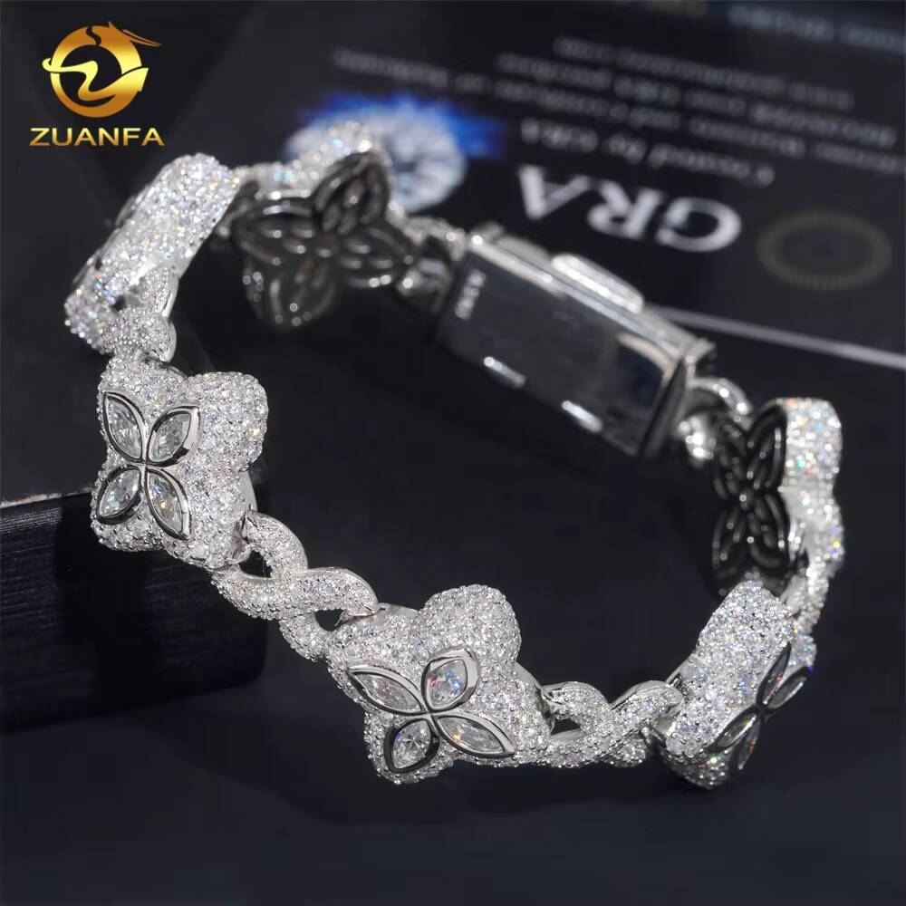 Cheapest Price Custom Iced Out Luxury Diamond Jewelry Rapper Men Jewelry Hip Hop VVS1 Moissanite Diamond Clover Cuban Bracelet