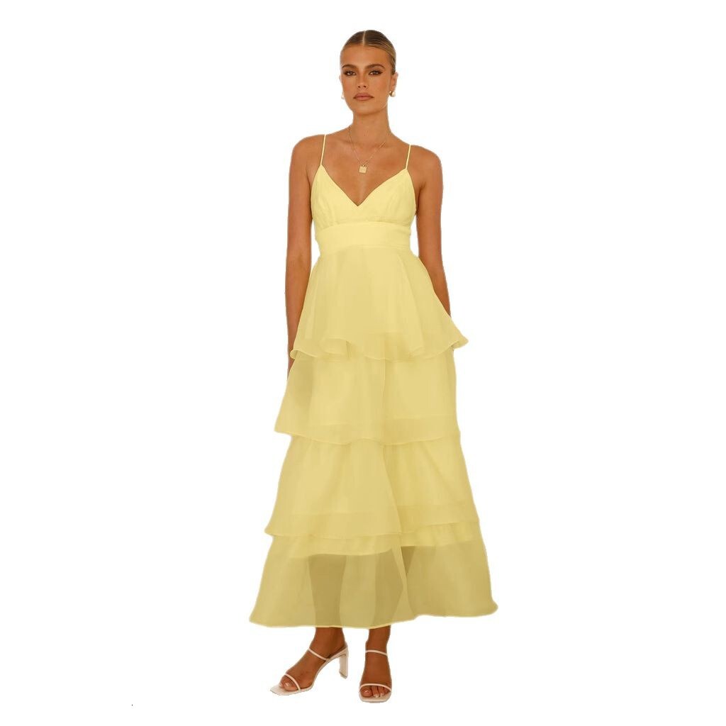 2025 Sexy Backless Strap Cake Ruffle Tie Fashion Evening Dress Slim Fit Dress for Women