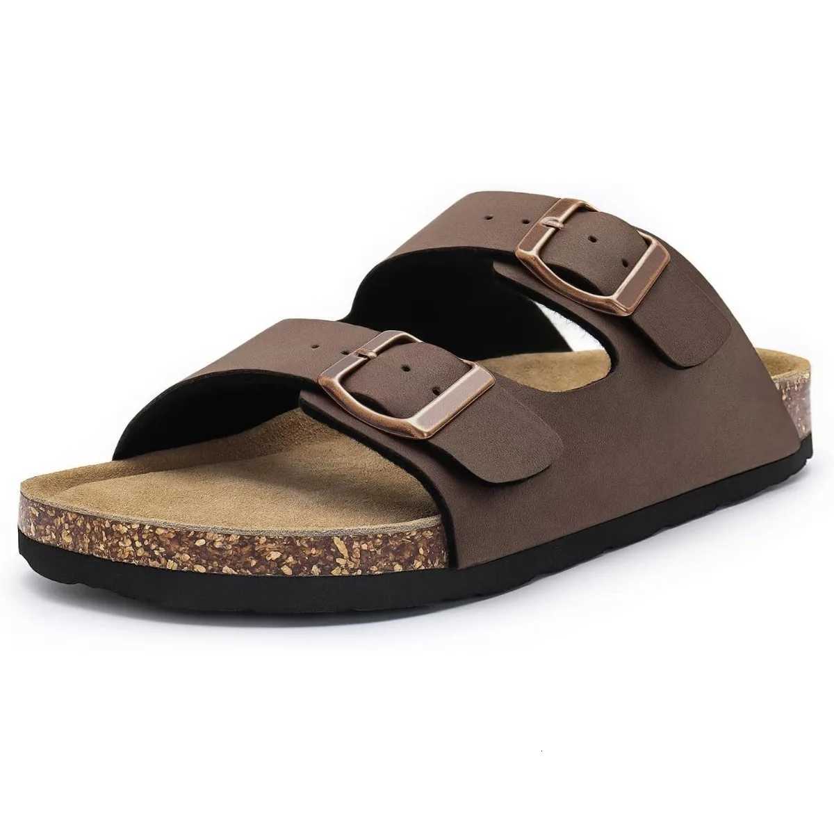 Womens Flat Sandals Cork Footbed Slide Sandals Arch Support Slip on Slides with Adjustable Buckle W250905