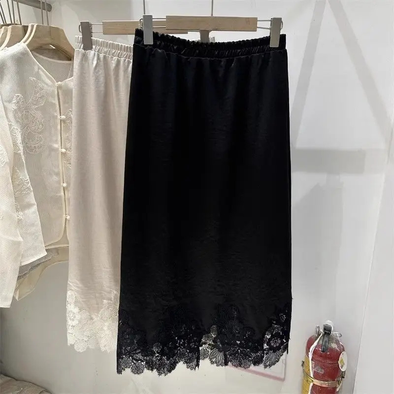 y Lace Patchwork Satin Skirt Women Elegant Club Party Skirts Office Lady Elastic Waist Slit ALine Midi Faldas Mujer 320A 250905