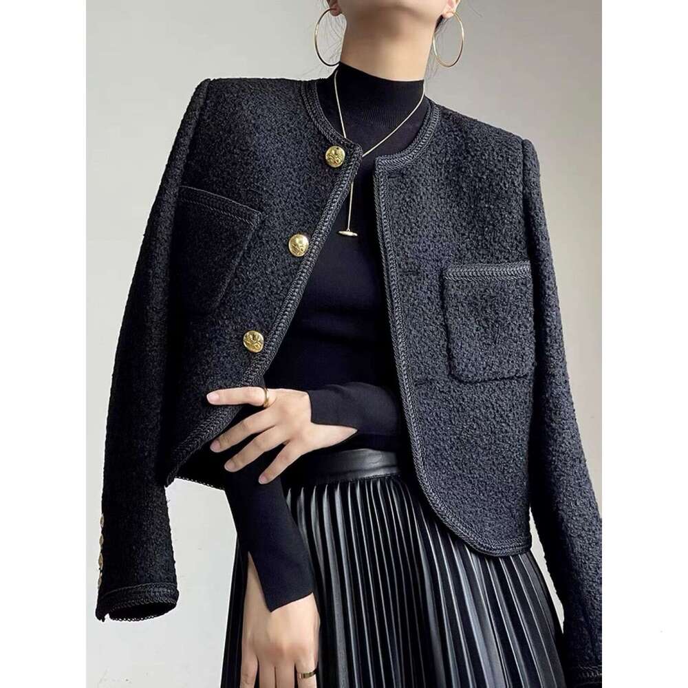 Wool Tweed Spring Outfit Elegant Socialite Style Black And White Metal Button Coat Women's Clothing B5