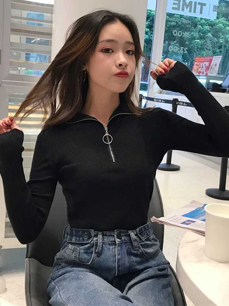 2025 Korea Knitted Women Zipper High Neck Sweater Pullovers Turtleneck Autumn Winter Basic Women Sweaters Slim Fit Pull Femme Z250905