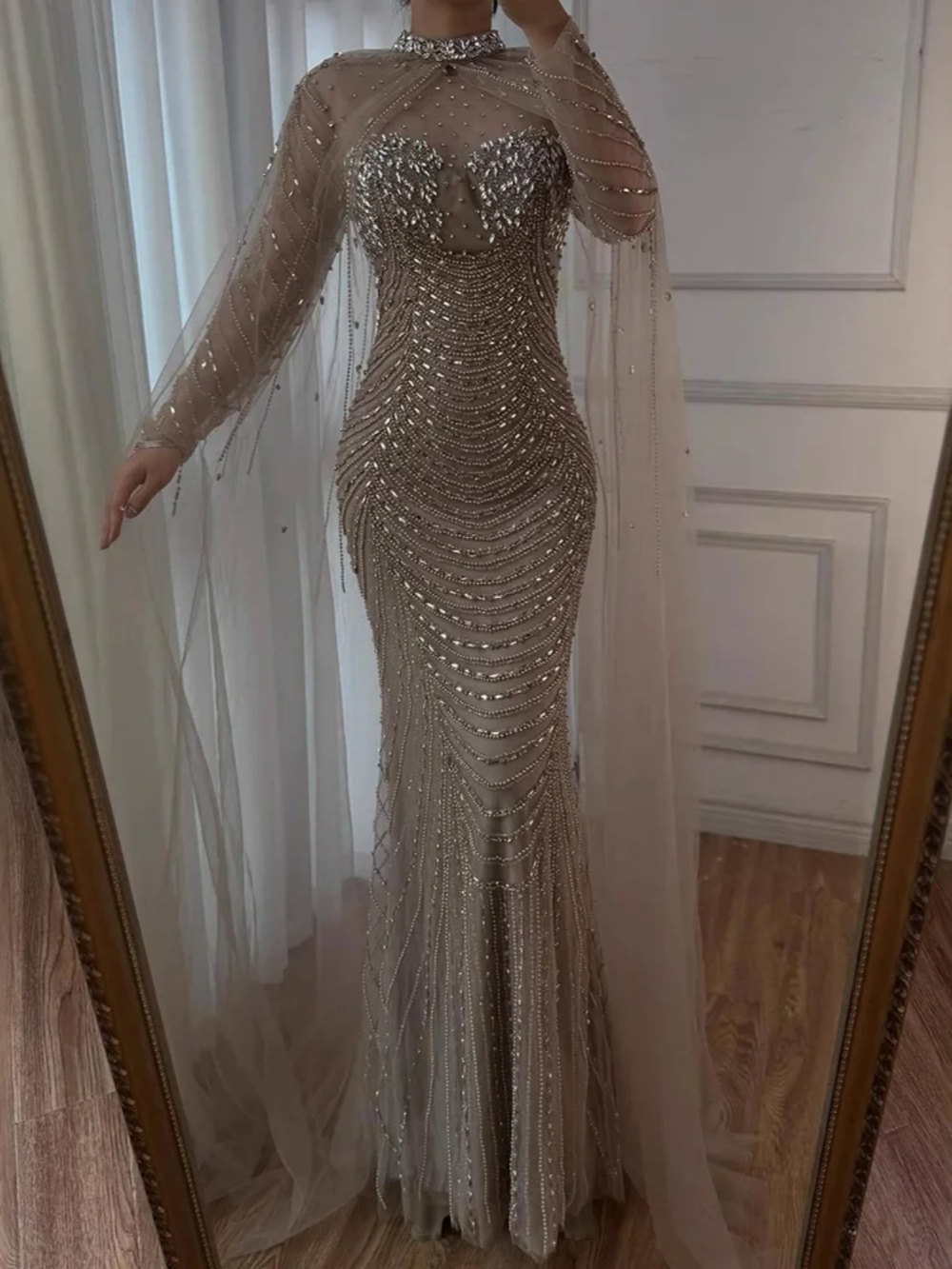 Luxury Mermaid Evening Dress O Neck Crystal Beading Prom Gowns Exquisite Long Sleeve Floor Length Party Dresses Customized