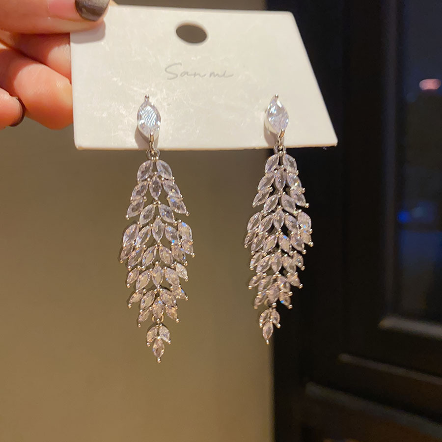 Silver Tone Leaf-Shaped Crystal Tassel Earrings With Layered Dangle Design Elegant Sparkling Style Party & Wedding Occasion Wear Gift For Her Luxe Sta