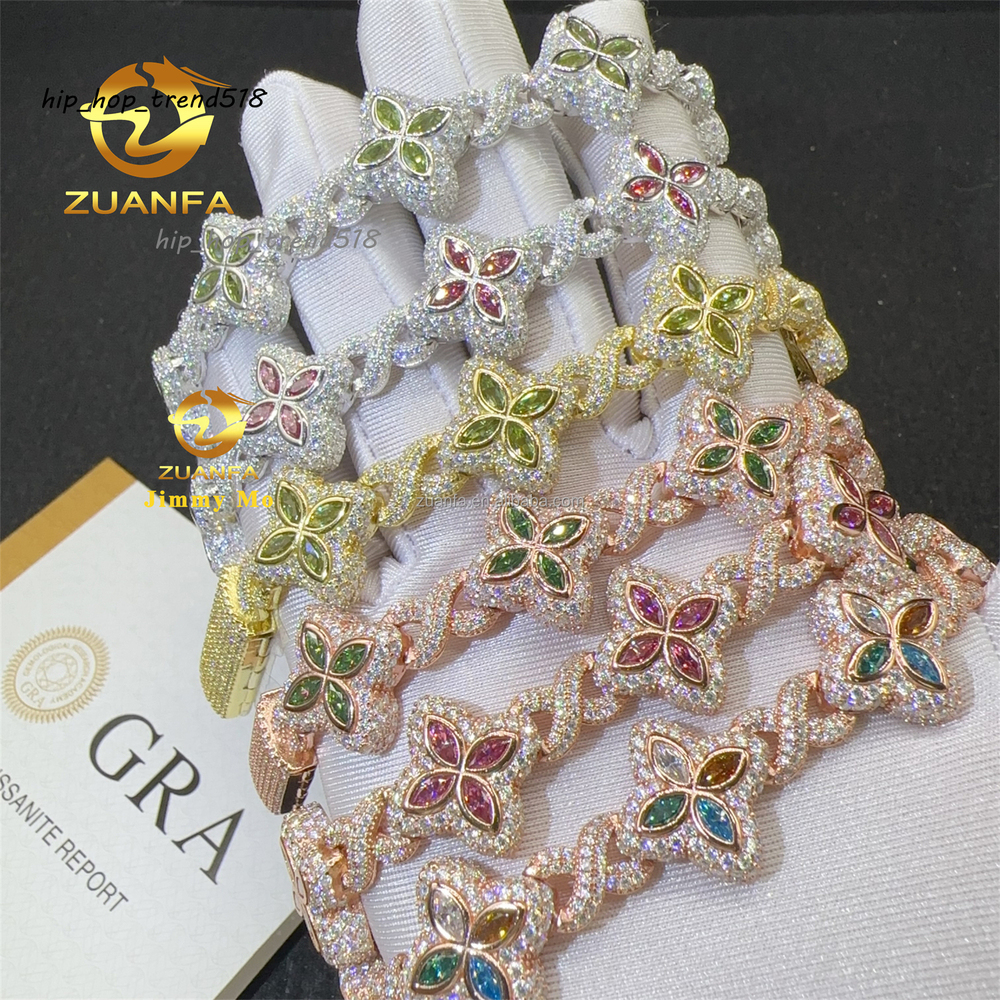New Arrivals Stock Fashion 925 Silver Marquise Flower Hip Hop Jewelry Iced Out Moissanite Diamond Infinity Cuban Bracelet Men
