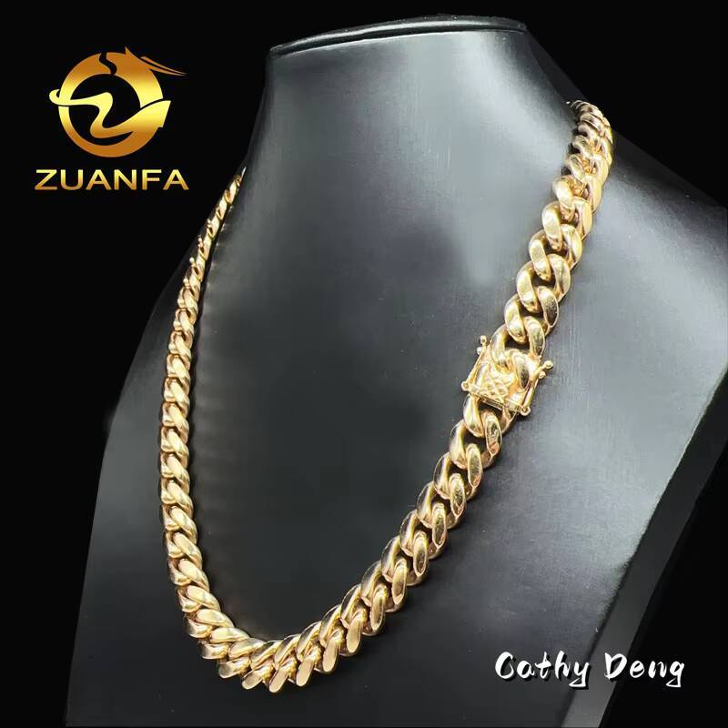 Luxury 14k Solid Gold Cuban Chain 12mm AU585 Gold Hip Hop Jewelry Rapper Miami Cuban Link Chain Necklace for Men