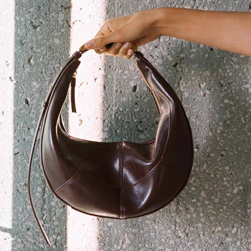 Classic Retro Crescent Shoulder Curved Metal Handle Handbag Brand High-end Leather ing Underarm Bag Fashion Hot high-quality