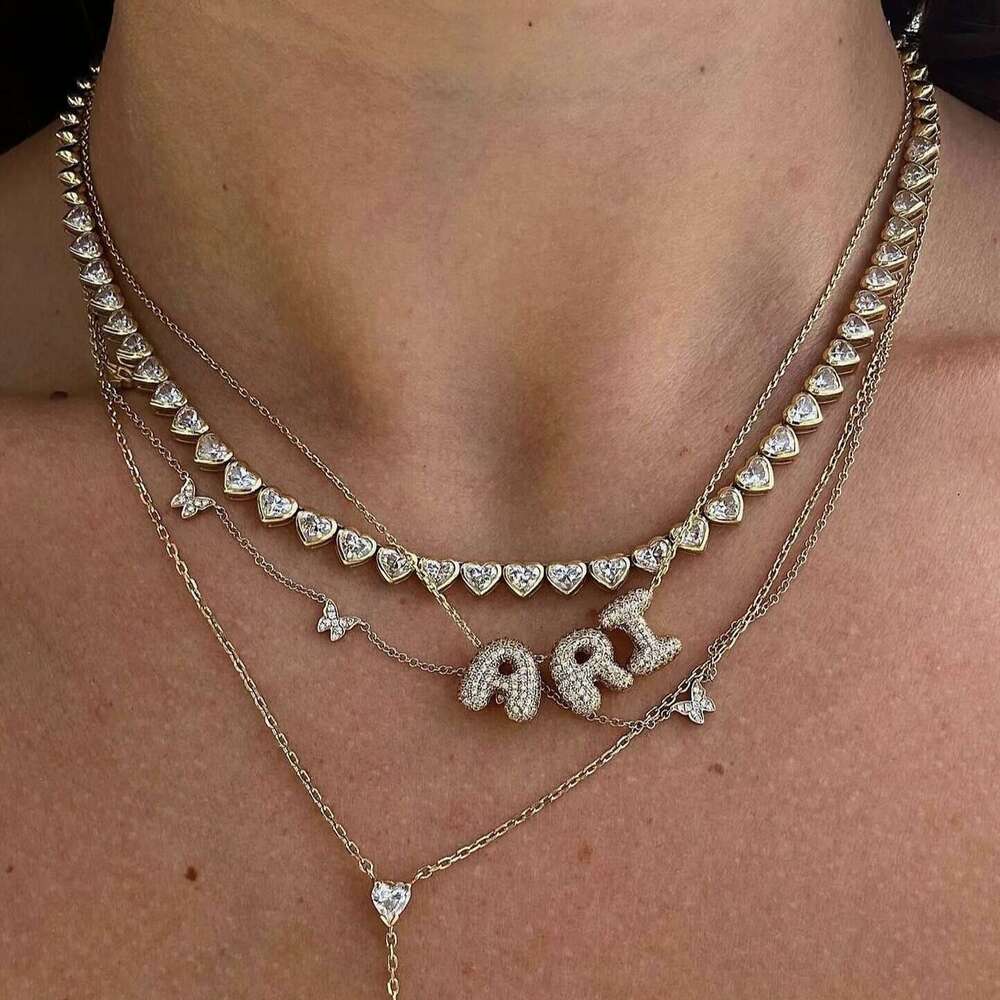 luxury jewelry New Necklace Real Gold Zircon Micro Pave Bubble Feel Balloon DIY English Name 26 Letters Pendant