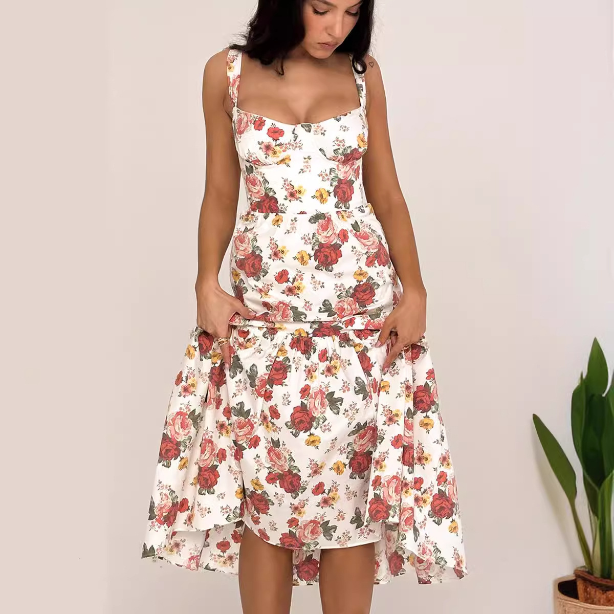 Womens Fashion 2025 Spring Summer New Sweet and Spicy Style Strap Solid Color Aline Floral Cake Dress