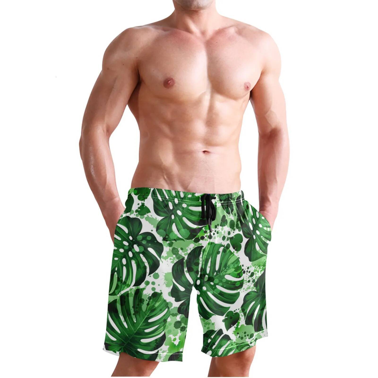 2025 Men's Summer Beach Shorts Tropical Palm Leaves Print With Pockets Casual BoardShorts Vacation Holiday Beachwear Masculina