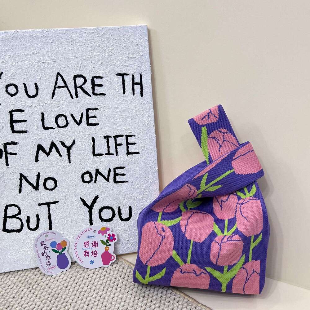 2025ins Spring and Autumn Floral Women's Handbag Versatile Knitted Wrist Single Shoulder Bucket Bag Tote