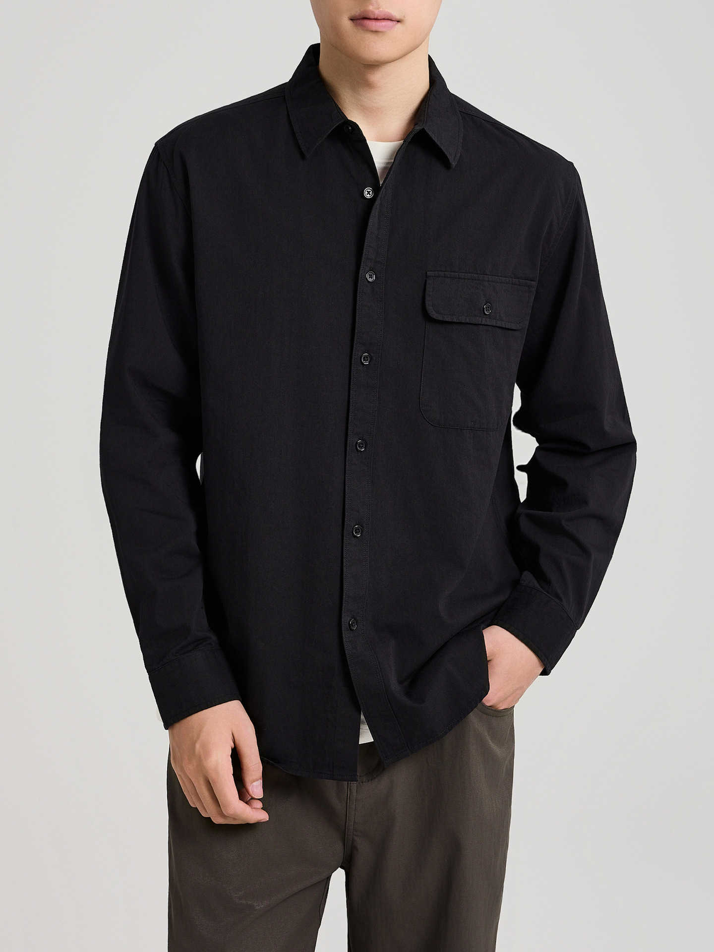 Momek Men's all-cotton twill long-sleeved shirt for men 2025 Autumn New style Long-staple cotton solid-color shirt for men. W250407