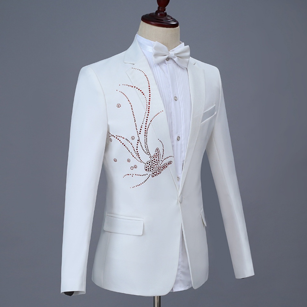 Minimalist White Wedding Tuxedo 2 Piece Blazer Pants Handmade Rhinestone Male Suits Singer Costume Stage Performance