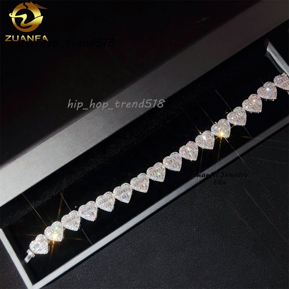 Hip Hop Fashion Heart Shape Baguette Design 925 Silver 13mm Moissanite Cuban Link Bracelet