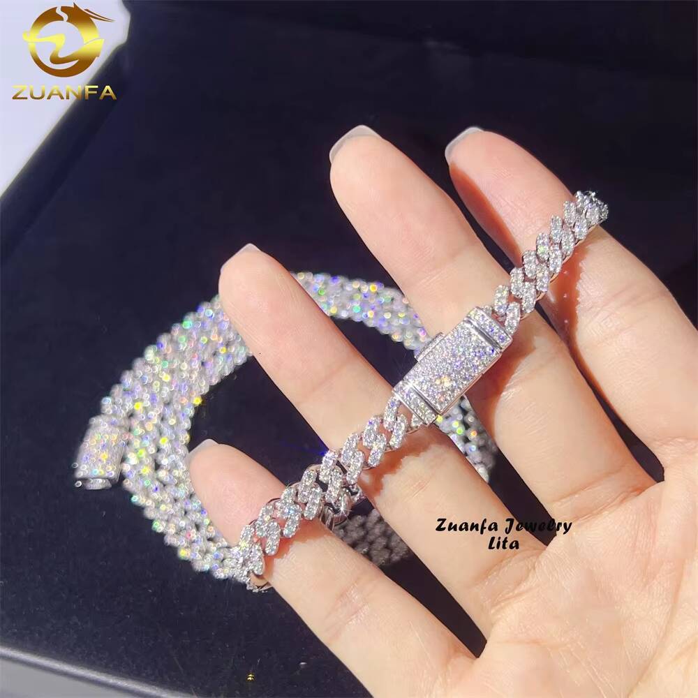 Wholesale Price White Gold One Row Stone Thin 6mm Silver VVS Moissanite Diamond Cuban Link Chain