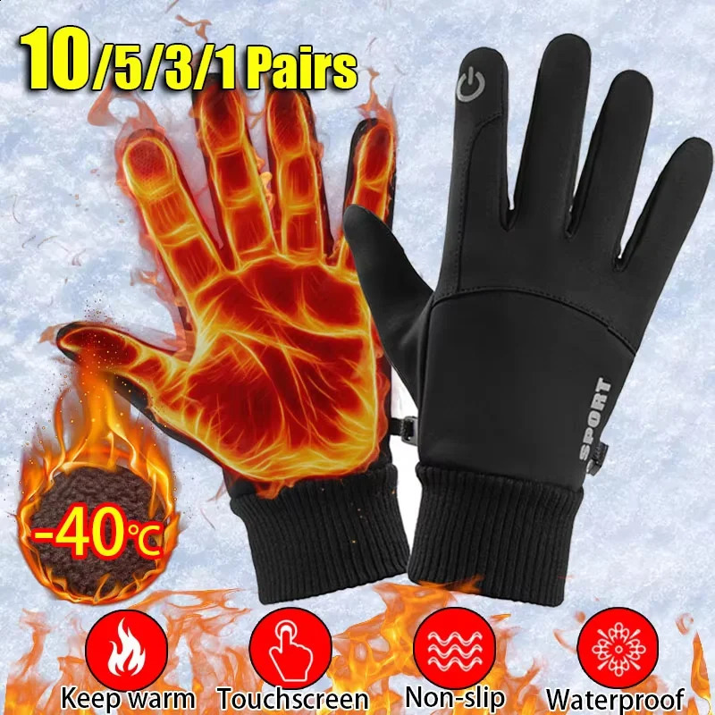 Black Winter Warm Full Fingers Waterproof Cycling Outdoor Sports Running Motorcycle Ski Touch Screen Fleece Gloves 250905