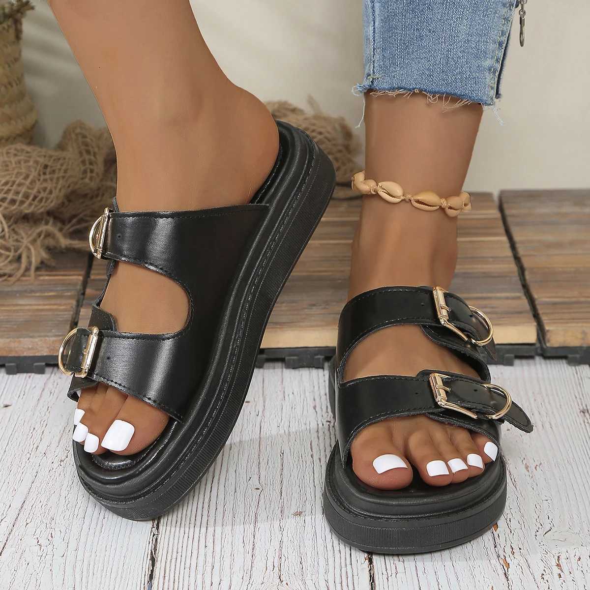 Casual Sandals Women Leather Metal Ankle Buckle Strap Summer Beach Ladies Low Heel Sport Shoes Handmade W250905