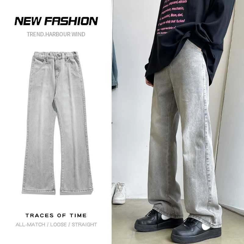 Mens Vintage Light Gray Bootcut Jeans Fashion Korean High Street Denim Trousers Elastic Waist Comfortable Pants Male Clothing W250905